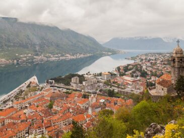 Vue sur les toits de la vieille ville de Kotor et la baie depuis les remparts