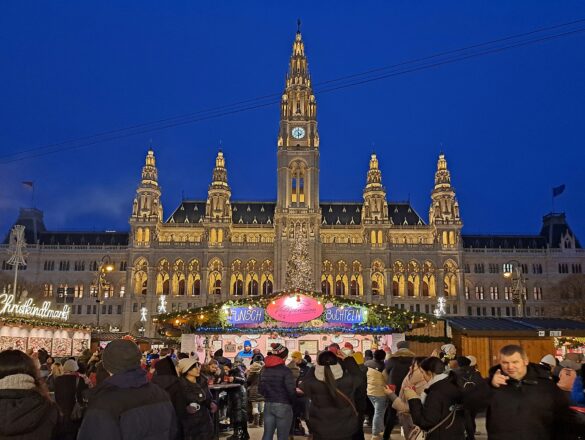 Le marché de Noël devant l’hôtel de ville de Vienne, de nuit, avec le grand sapin illuminé